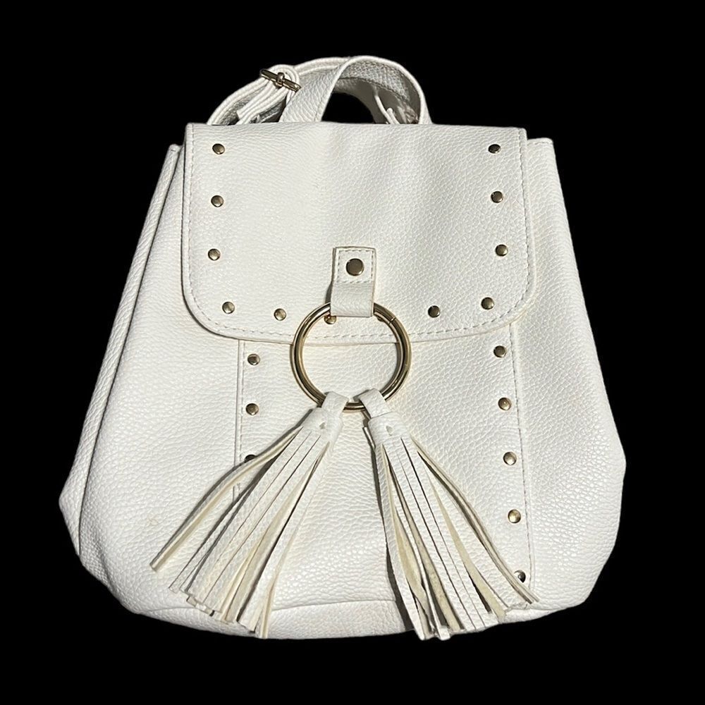Justice Mini Backpack White Faux Leather Pebbled Tassels Adjustable Straps